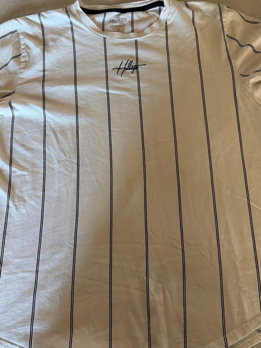 Hollister Cream Tee with Black Pinstripes and Script Logo